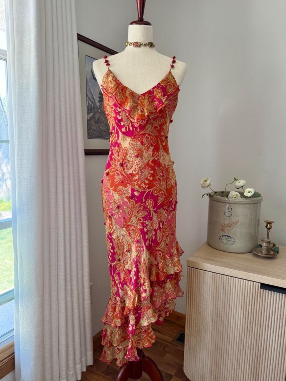 Vintage Y2K Silk Paisley Rosette Fairy Ruffle Slip Dress